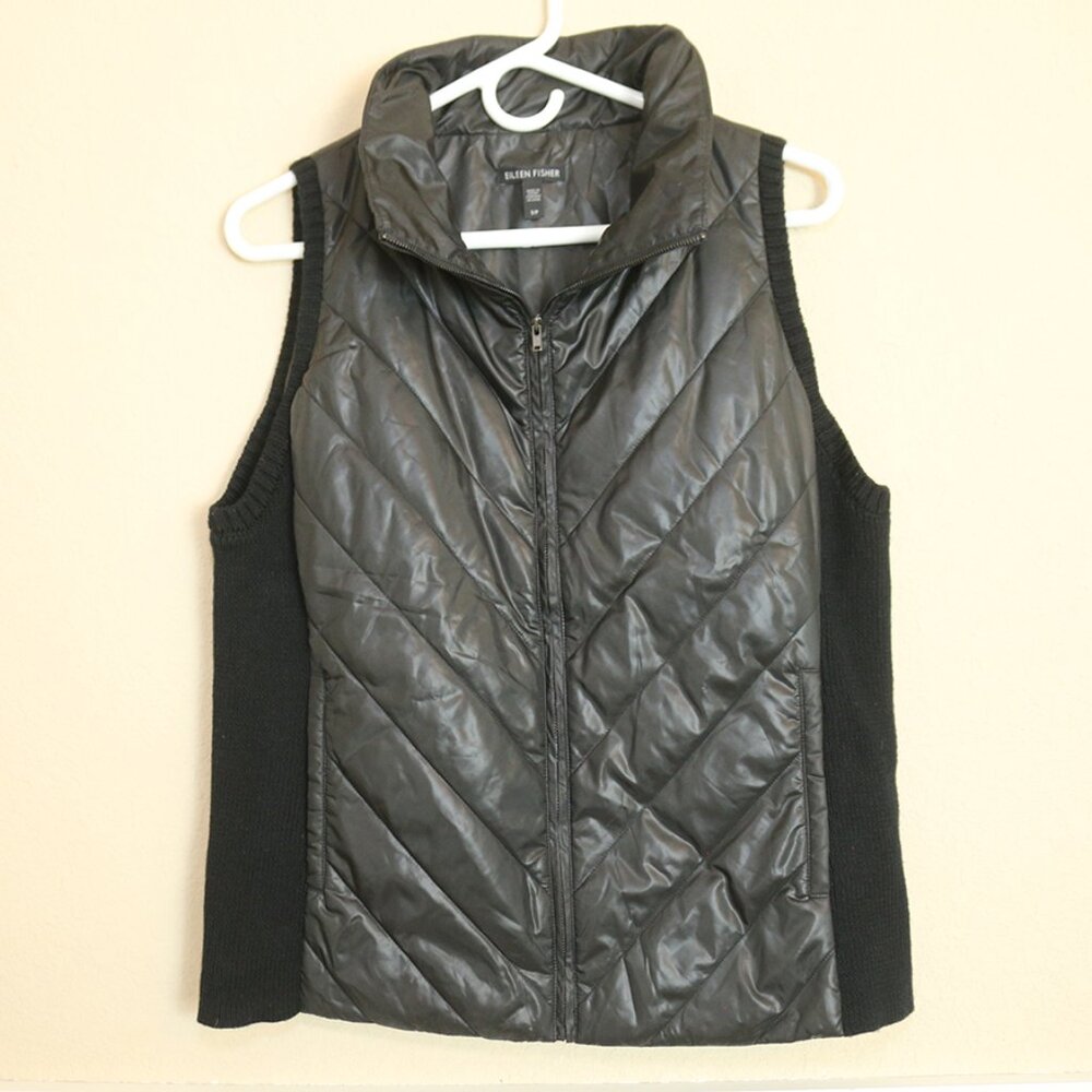 Eileen Fisher Vest Womens Black Full Zip Pockets Merino Wool Polyester Size SP